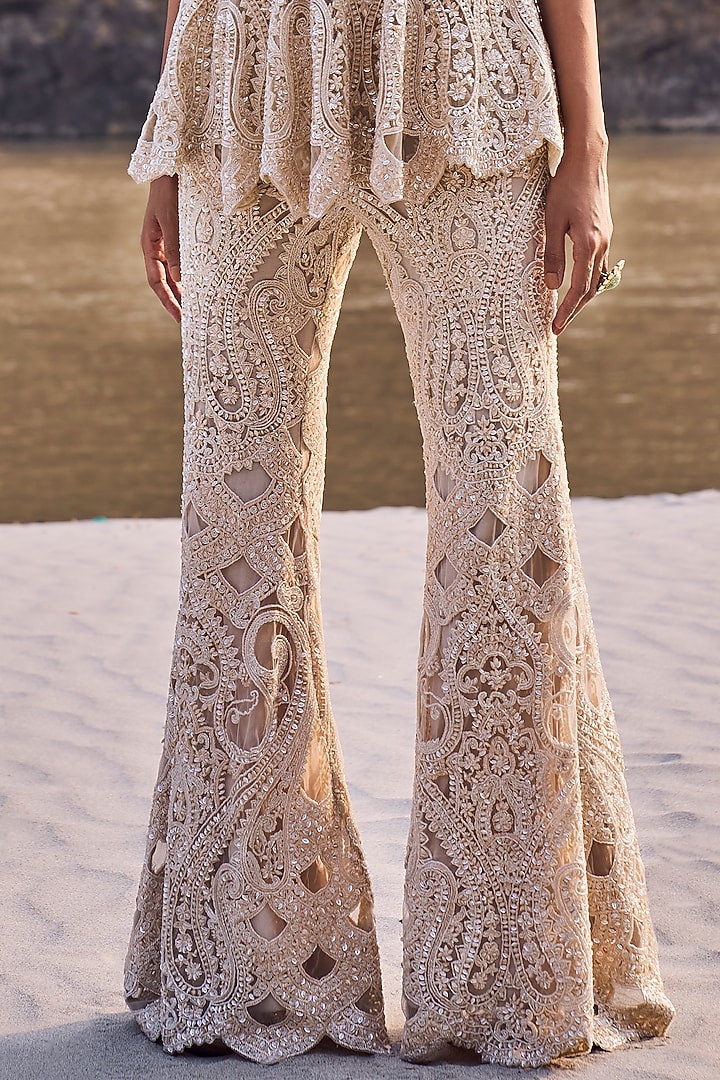 Ivory Net Hand & Machine Embroidered Bridal Sharara Set by Ridhima Bhasin at Pernia's Pop Up Shop