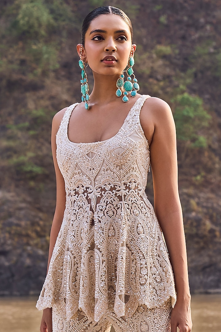 Ivory Net Hand & Machine Embroidered Bridal Sharara Set by Ridhima Bhasin at Pernia's Pop Up Shop