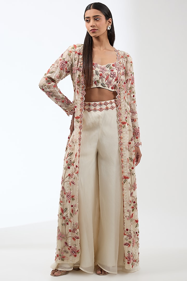 Ivory Organza & Crepe Floral Jacket Set by Ridhima Bhasin at Pernia's Pop Up Shop