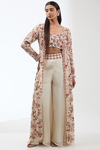 Ivory Organza & Crepe Floral Jacket Set by Ridhima Bhasin