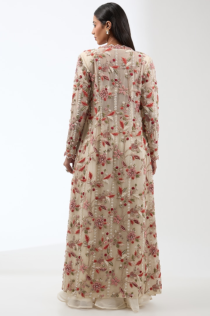 Ivory Organza & Crepe Floral Jacket Set by Ridhima Bhasin at Pernia's Pop Up Shop