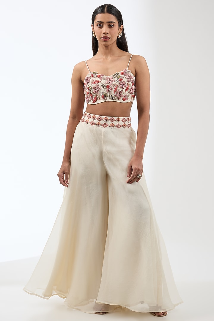 Ivory Organza & Crepe Floral Jacket Set by Ridhima Bhasin at Pernia's Pop Up Shop