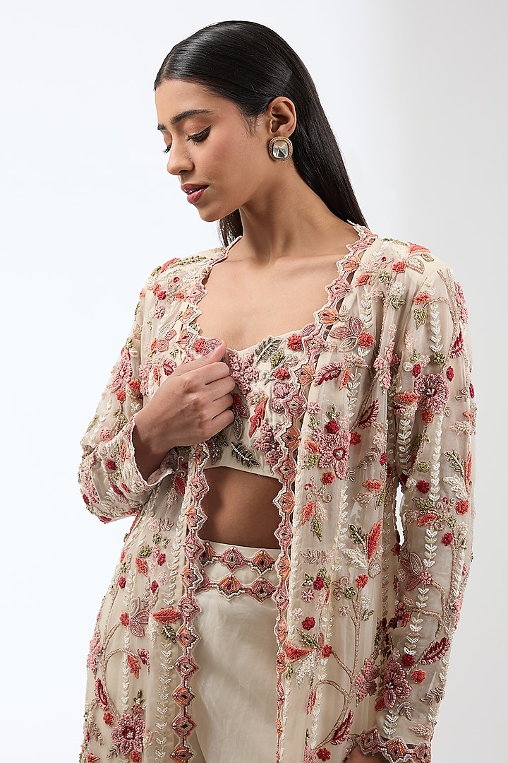 Ivory Organza & Crepe Floral Jacket Set by Ridhima Bhasin at Pernia's Pop Up Shop