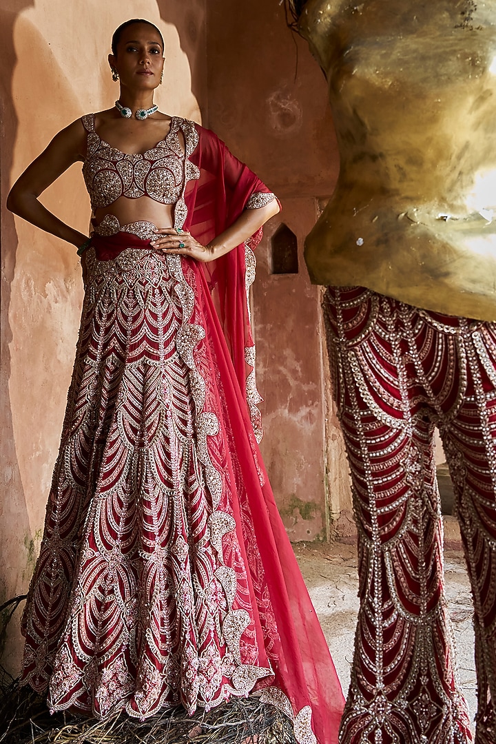 Crimson Red Net Embroidered Bridal Lehenga Set by Ridhima Bhasin at Pernia's Pop Up Shop