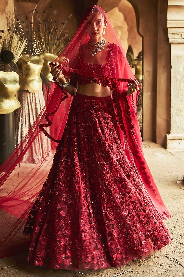 Crimson Red Organza 3D Floral Embroidered Bridal Lehenga Set by Ridhima Bhasin at Pernia's Pop Up Shop