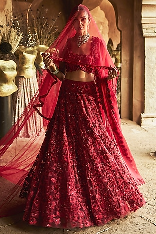 Crimson Red Organza 3D Floral Embroidered Lehenga Set by Ridhima Bhasin