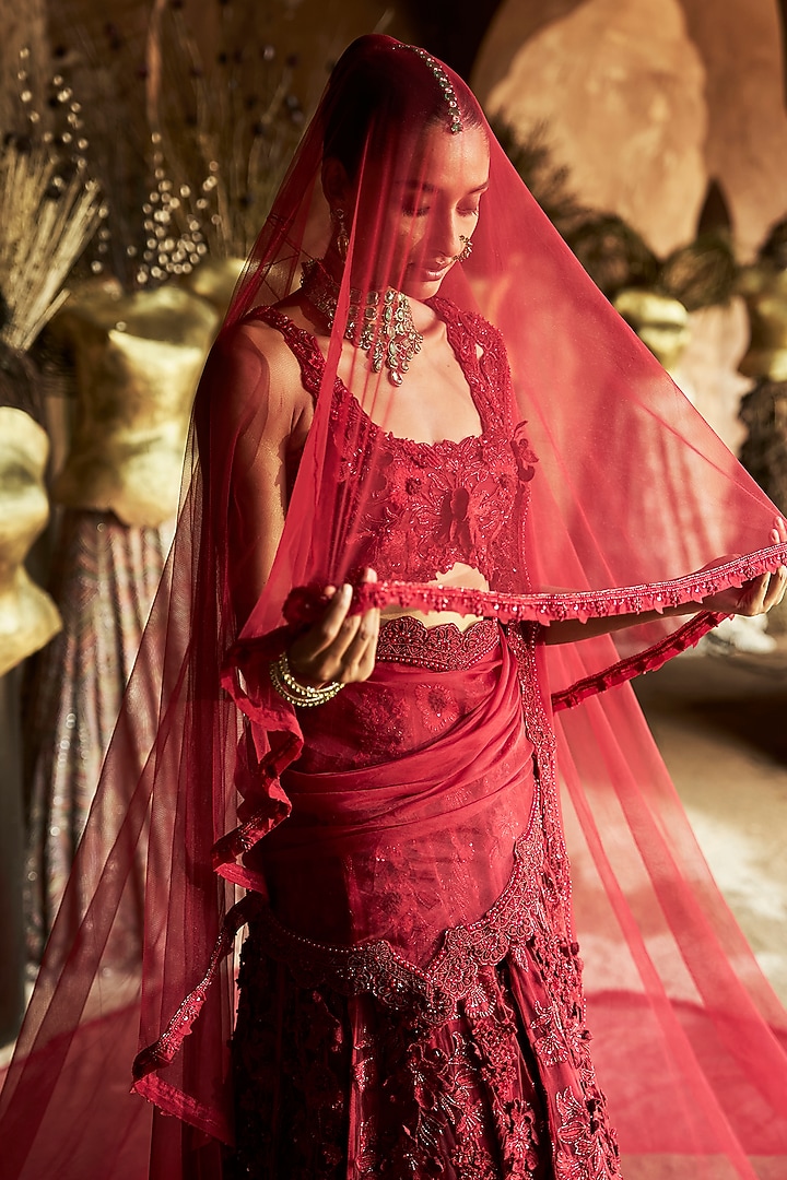 Crimson Red Organza 3D Floral Embroidered Bridal Lehenga Set by Ridhima Bhasin at Pernia's Pop Up Shop