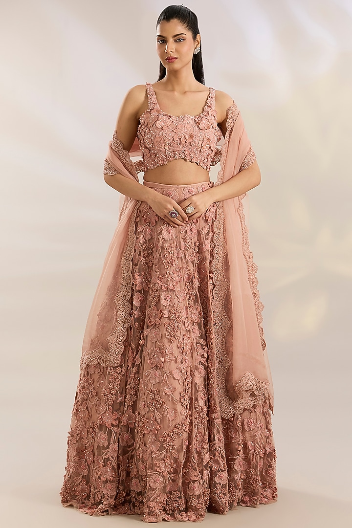 Blush Pink Net & Organza Embroidered Bridal Lehenga Set by Ridhima Bhasin at Pernia's Pop Up Shop