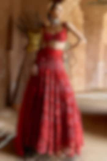 Crimson Red Net Floral Motif Bridal Lehenga Set by Ridhima Bhasin at Pernia's Pop Up Shop
