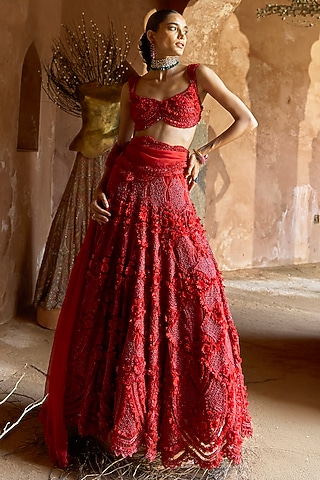 Crimson Red Net Floral Motif Lehenga Set by Ridhima Bhasin