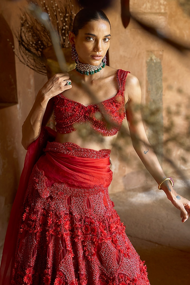 Crimson Red Net Floral Motif Bridal Lehenga Set by Ridhima Bhasin at Pernia's Pop Up Shop