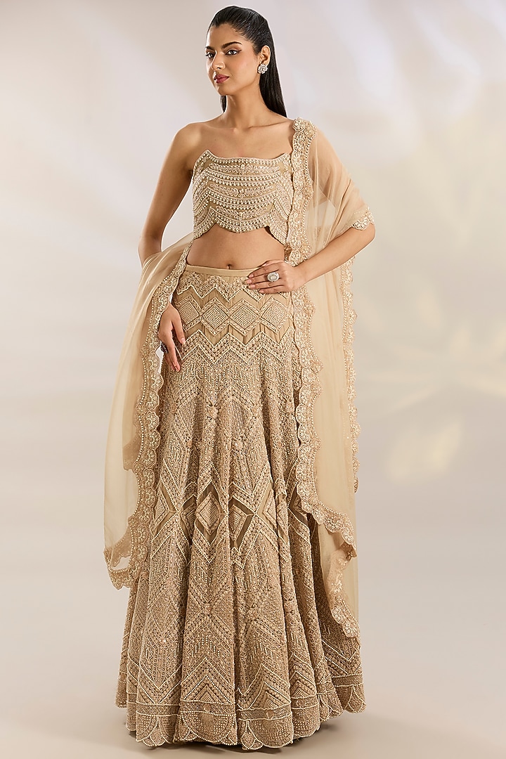 Beige Net & Organza Embroidered Bridal Lehenga Set by Ridhima Bhasin at Pernia's Pop Up Shop