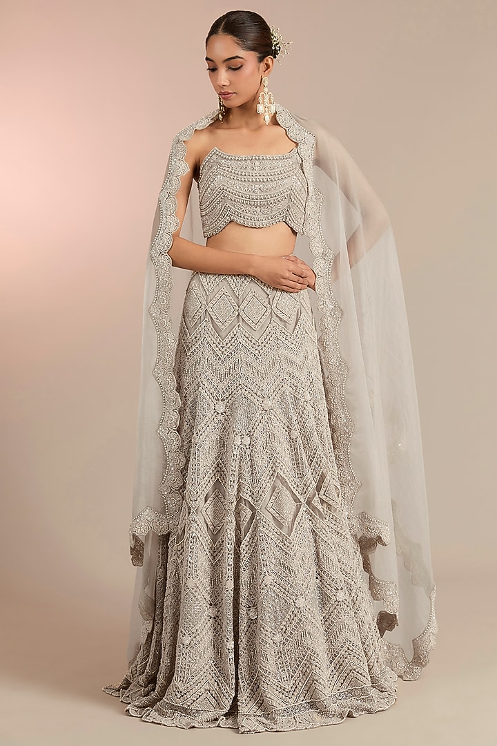 Silver Net & Organza Bridal Lehenga Set by Ridhima Bhasin at Pernia's Pop Up Shop