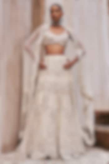 Ivory Net & Organza Paisley Embroidered Bridal Lehenga Set by Ridhima Bhasin at Pernia's Pop Up Shop