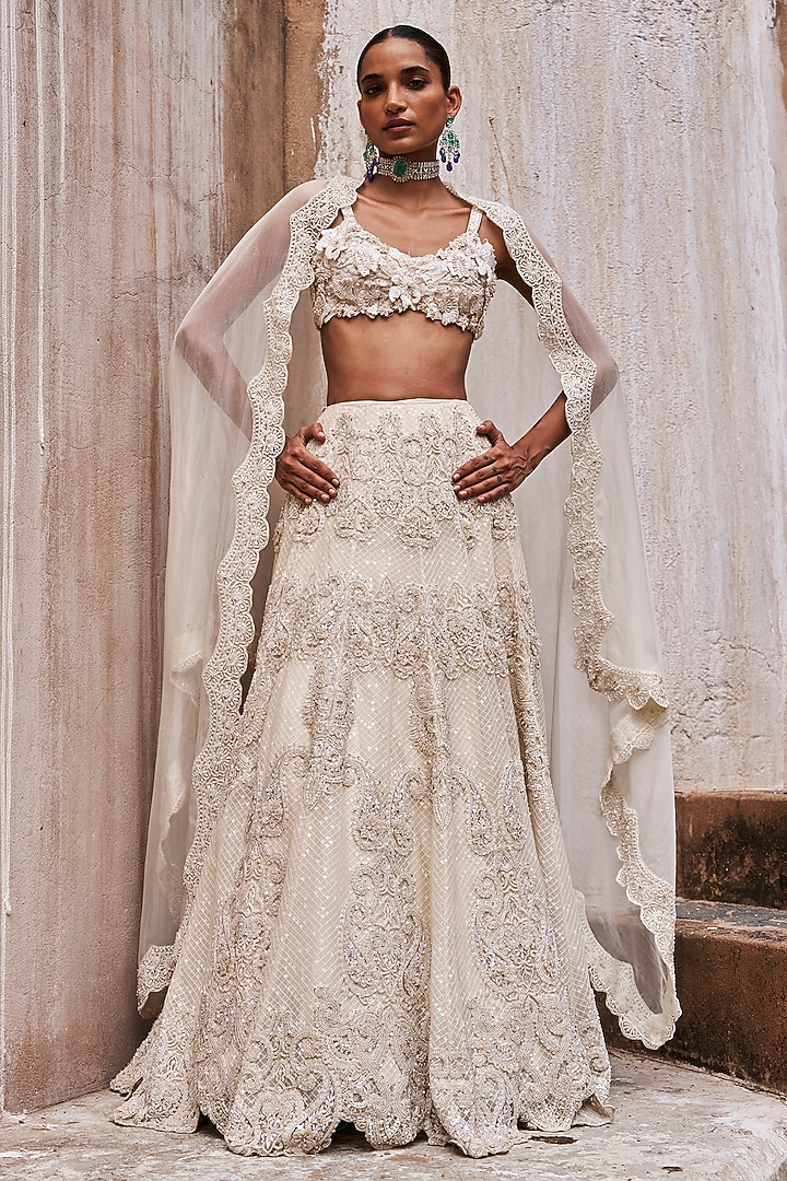 Ivory Net & Organza Paisley Embroidered Bridal Lehenga Set by Ridhima Bhasin at Pernia's Pop Up Shop