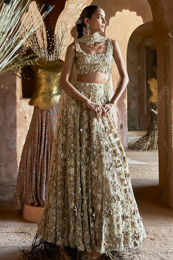 Gold Organza 3D Floral Embellished Bridal Lehenga Set by Ridhima Bhasin at Pernia's Pop Up Shop