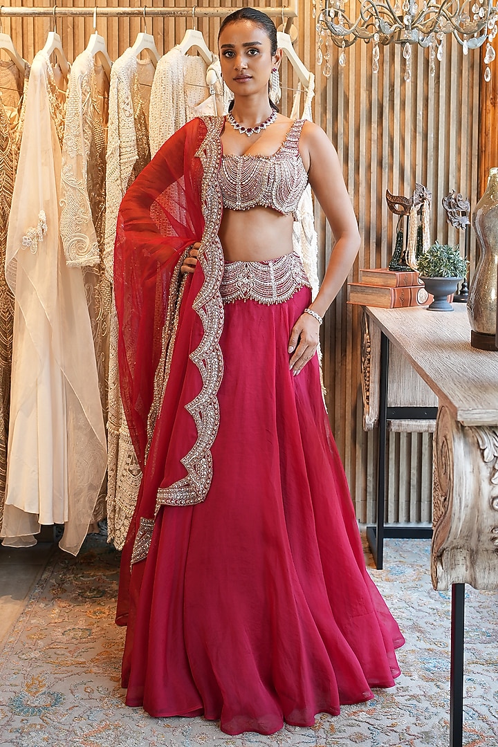 Red Organza Embellished Wedding Lehenga Set by Ridhima Bhasin at Pernia's Pop Up Shop