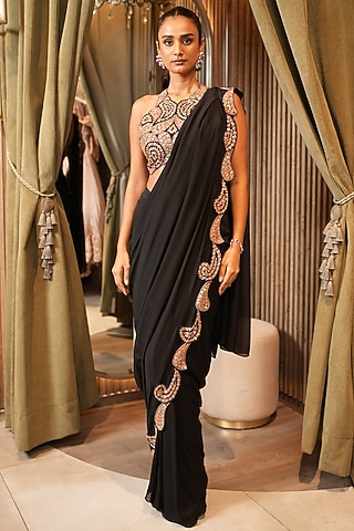 Onyx Black Chiffon Embroidered Pre-Draped Saree Set by Ridhima Bhasin