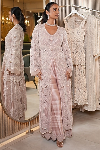 Blush Pink Raw Silk Pearl Embellished Kurta Set by Ridhima Bhasin