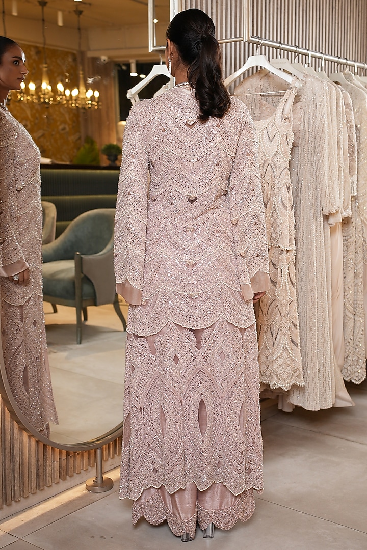 Blush Pink Raw Silk Pearl Embellished Kurta Set by Ridhima Bhasin at Pernia's Pop Up Shop