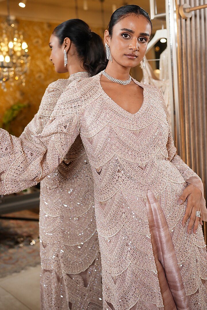 Blush Pink Raw Silk Pearl Embellished Kurta Set by Ridhima Bhasin at Pernia's Pop Up Shop