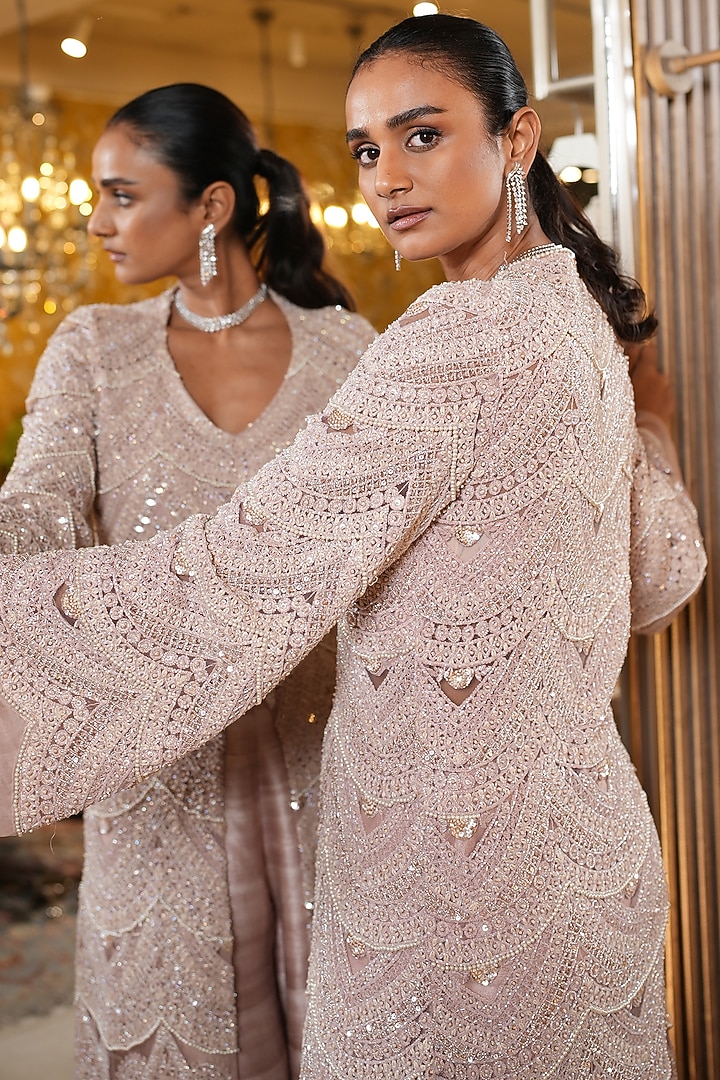Blush Pink Raw Silk Pearl Embellished Kurta Set by Ridhima Bhasin at Pernia's Pop Up Shop