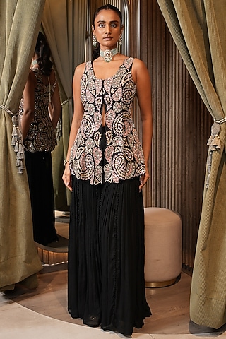 Black Organza & Chiffon Embellished Sharara Set by Ridhima Bhasin