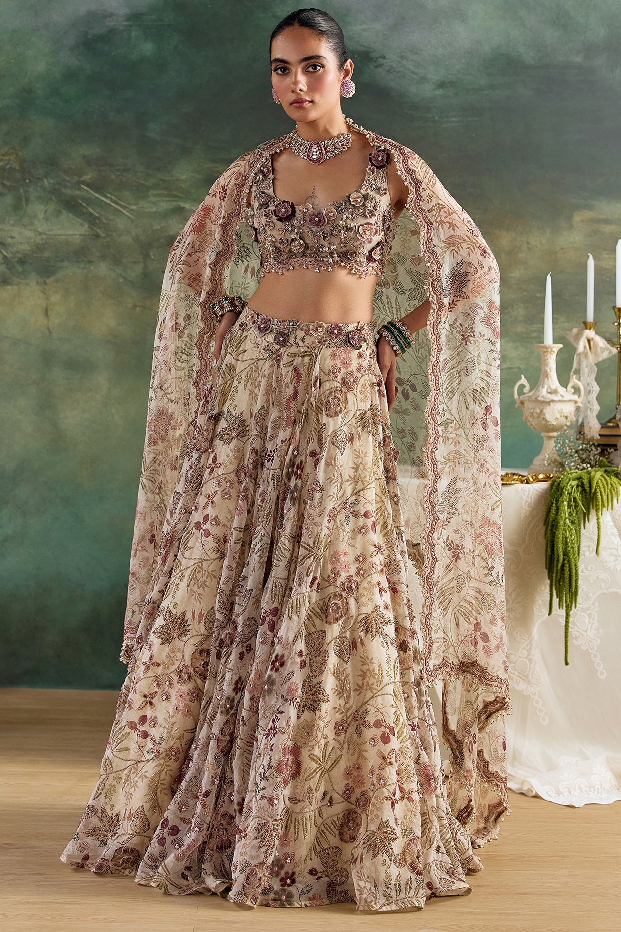 Ridhima Bhasin Ivory Organza Printed Lehenga Set