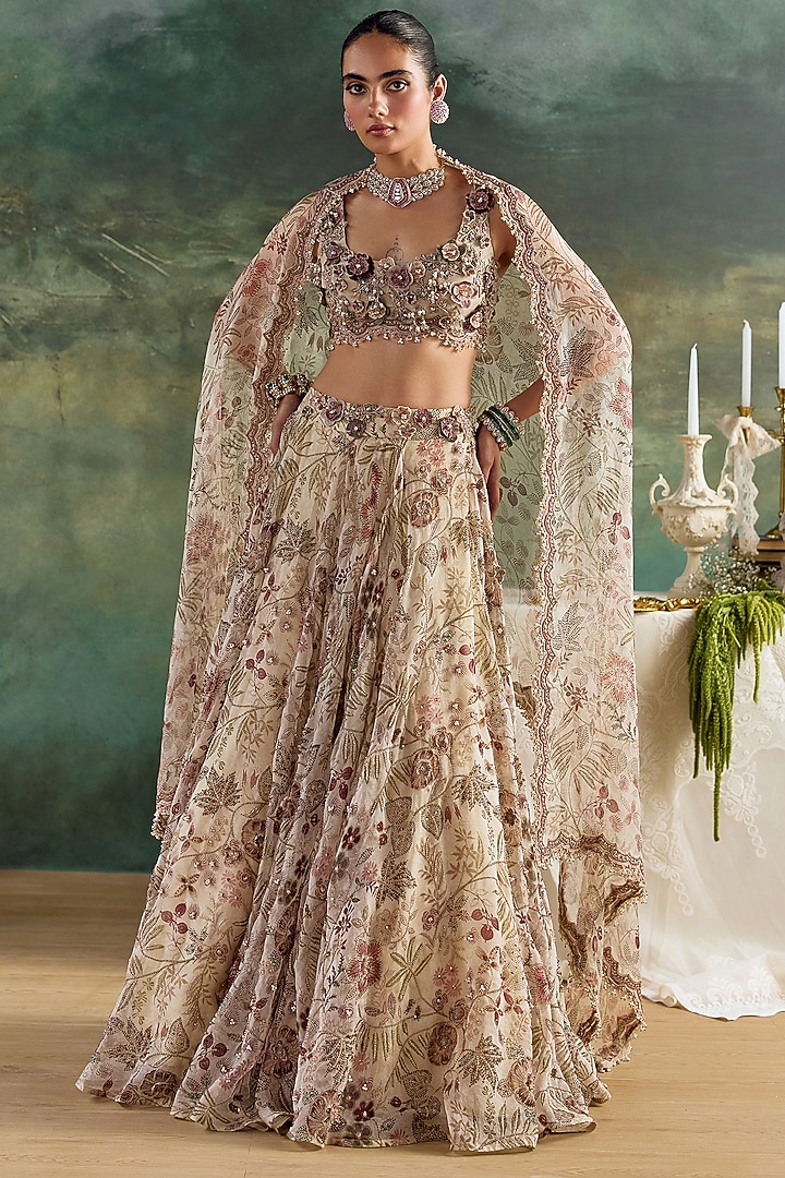 Ivory Organza Printed Bridal Lehenga Set by Ridhima Bhasin at Pernia's Pop Up Shop