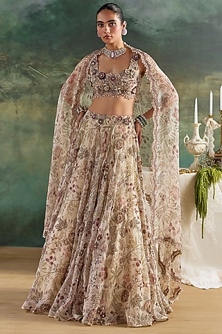 Ivory Organza Printed Lehenga Set by Ridhima Bhasin