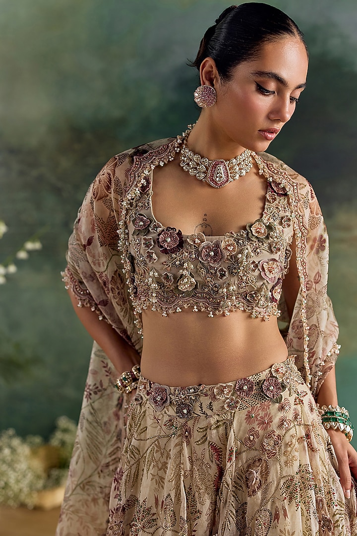 Ivory Organza Printed Bridal Lehenga Set by Ridhima Bhasin at Pernia's Pop Up Shop