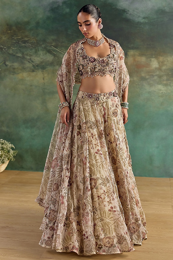 Ivory Organza Printed Bridal Lehenga Set by Ridhima Bhasin at Pernia's Pop Up Shop