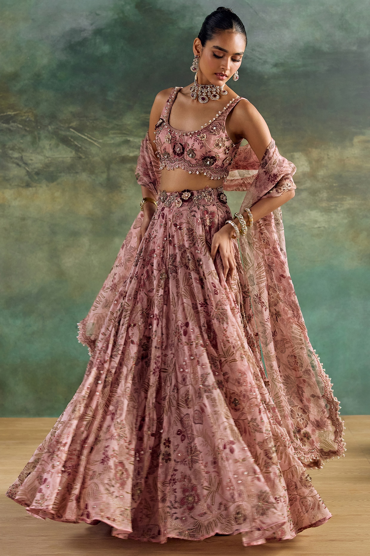 Ridhima Bhasin Petal Pink Silk Organza Printed Lehenga Set