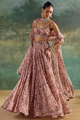 Petal Pink Silk Organza Printed Lehenga Set by Ridhima Bhasin