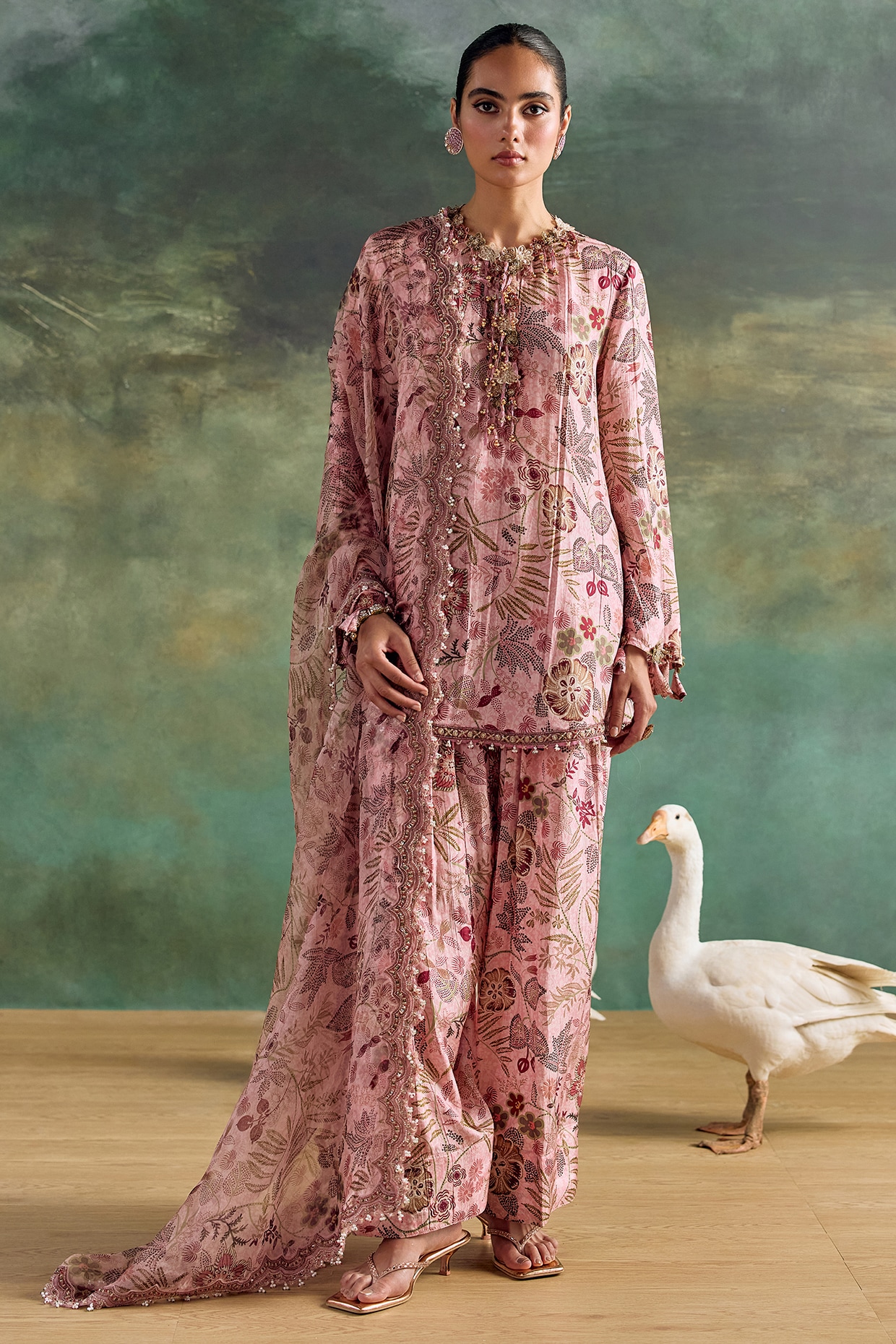 Ridhima Bhasin Petal Pink Habutai Silk Printed Kurta Set