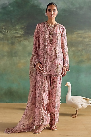 Petal Pink Habutai Silk Printed Kurta Set by Ridhima Bhasin