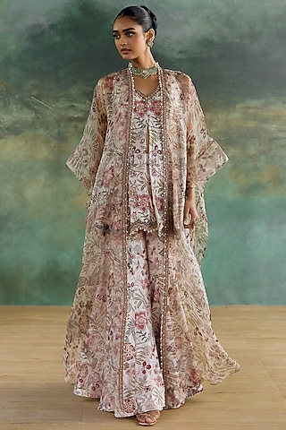 Ivory Organza Printed Sharara Set by Ridhima Bhasin