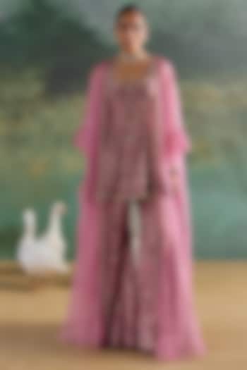 Petal Pink Organza Printed Bridal Sharara Set by Ridhima Bhasin at Pernia's Pop Up Shop