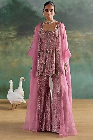 Petal Pink Organza Printed Sharara Set by Ridhima Bhasin