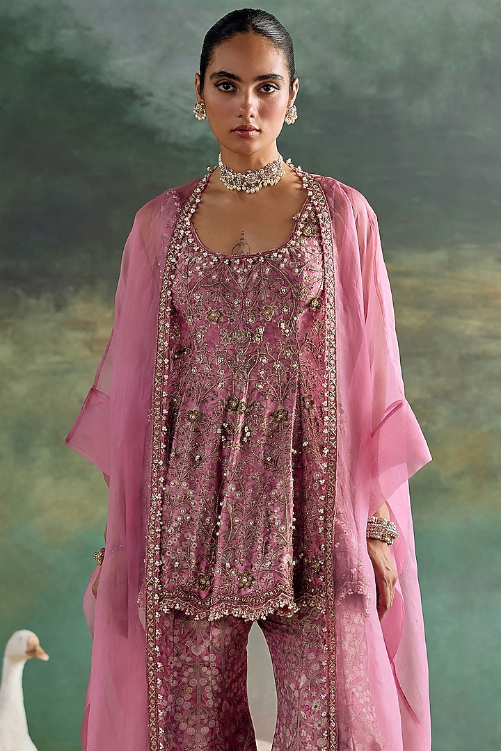 Petal Pink Organza Printed Bridal Sharara Set by Ridhima Bhasin at Pernia's Pop Up Shop