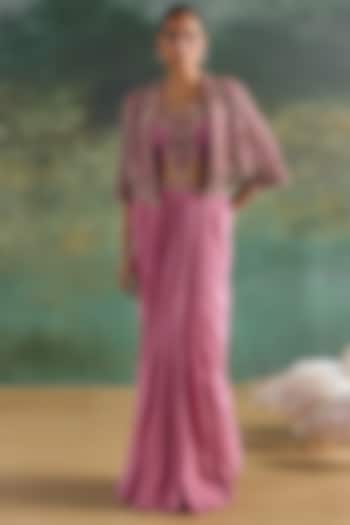 Petal Pink Crepe Printed Draped Skirt Set by Ridhima Bhasin at Pernia's Pop Up Shop