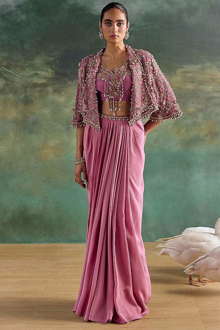 Petal Pink Crepe Printed Draped Skirt Set by Ridhima Bhasin at Pernia's Pop Up Shop