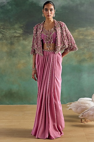 Petal Pink Crepe Printed Draped Skirt Set by Ridhima Bhasin