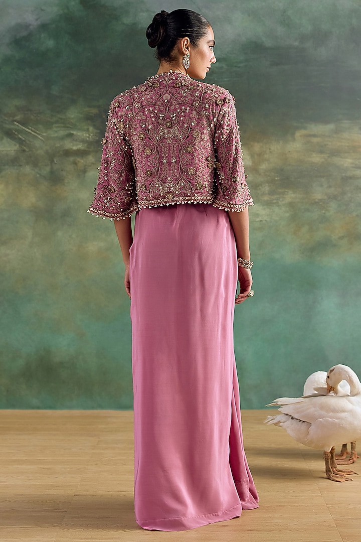 Petal Pink Crepe Printed Draped Skirt Set by Ridhima Bhasin at Pernia's Pop Up Shop
