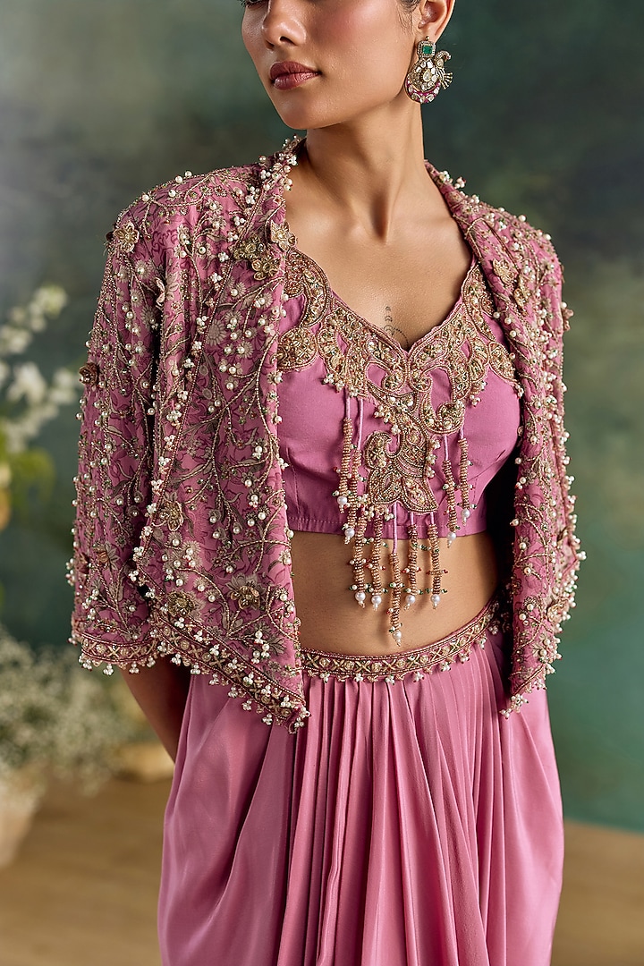 Petal Pink Crepe Printed Draped Skirt Set by Ridhima Bhasin at Pernia's Pop Up Shop