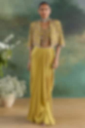 Citric Lemon Crepe Printed Draped Skirt Set by Ridhima Bhasin at Pernia's Pop Up Shop