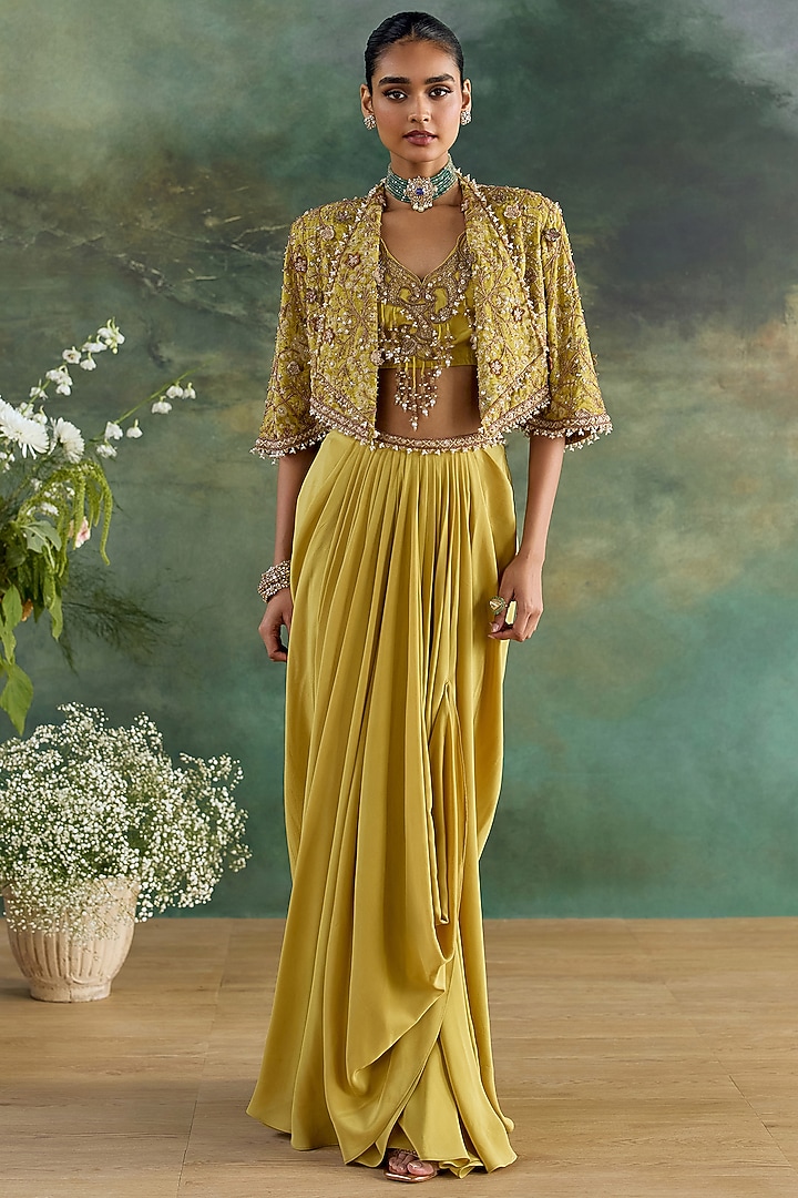 Citric Lemon Crepe Printed Draped Skirt Set by Ridhima Bhasin at Pernia's Pop Up Shop