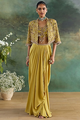 Citric Lemon Crepe Printed Draped Skirt Set by Ridhima Bhasin
