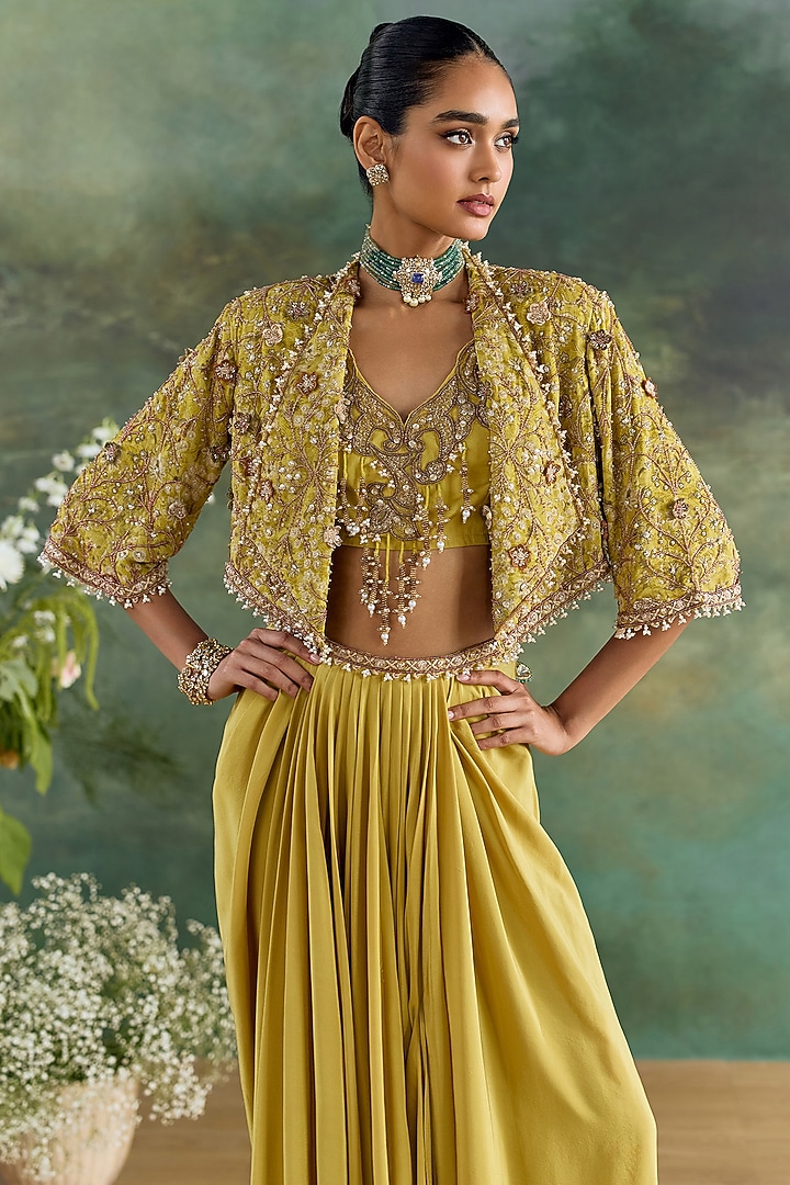 Citric Lemon Crepe Printed Draped Skirt Set by Ridhima Bhasin at Pernia's Pop Up Shop