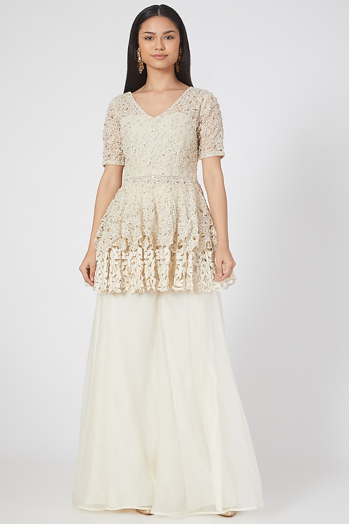 White Organza Embroidered Pallazo Set by Ridhima Bhasin at Pernia's Pop Up Shop